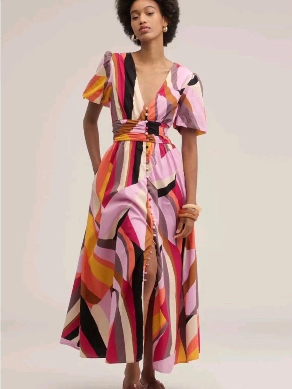 Anthropologie Multicolor Puff-Sleeve V-Neck Midi Dress